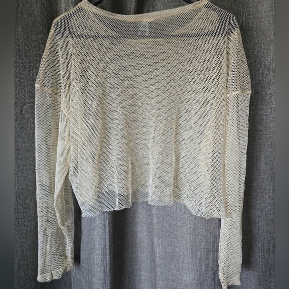 Riot Queen Net Mesh Sheer Long Sleeve Top Raw Hem Size M Cream - Picture 3 of 3